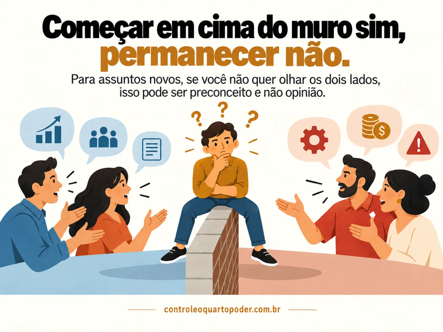 Pessoa sentada em um muro escuta opiniões de diferentes lados antes de formar sua posição.