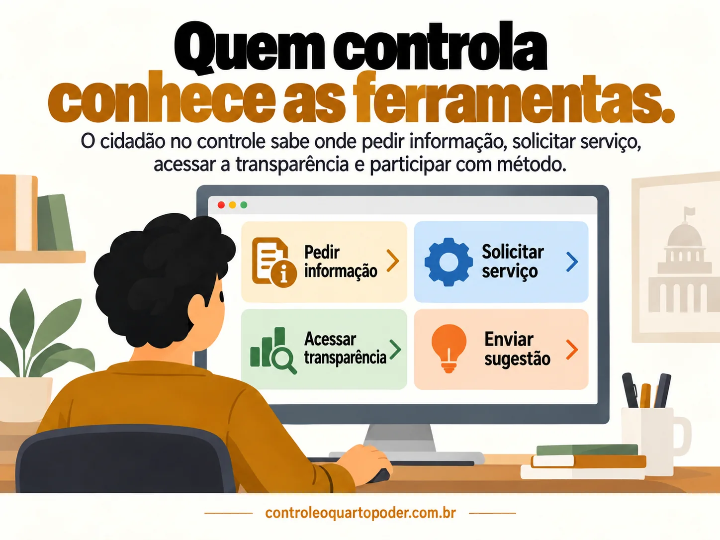 Pessoa diante do computador encontra opções de pedir informação, solicitar serviço, acessar transparência e enviar sugestão.