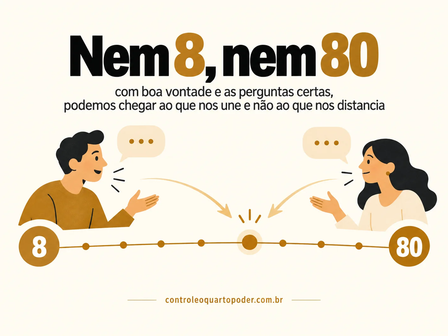 Duas pessoas conversam e encontram um ponto intermediário entre 8 e 80, representando diálogo e equilíbrio.
